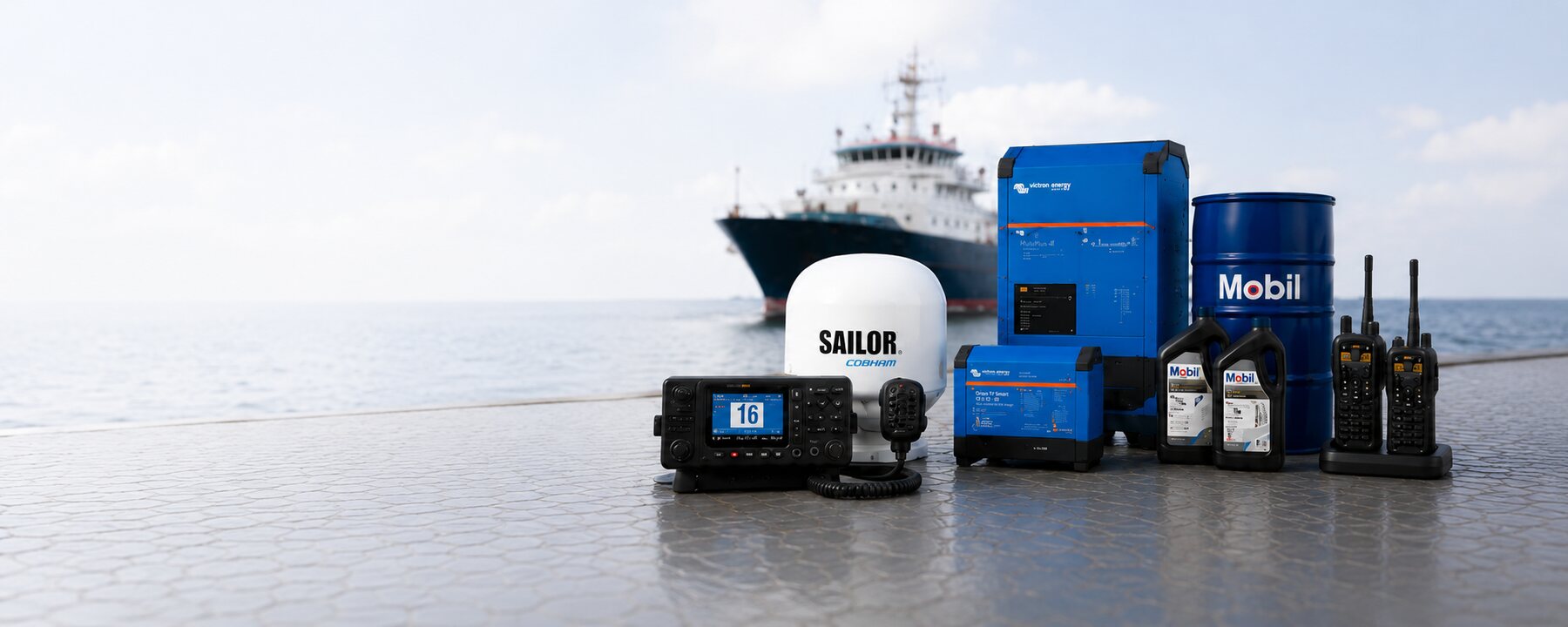 Maritieme producten op de kade met schip